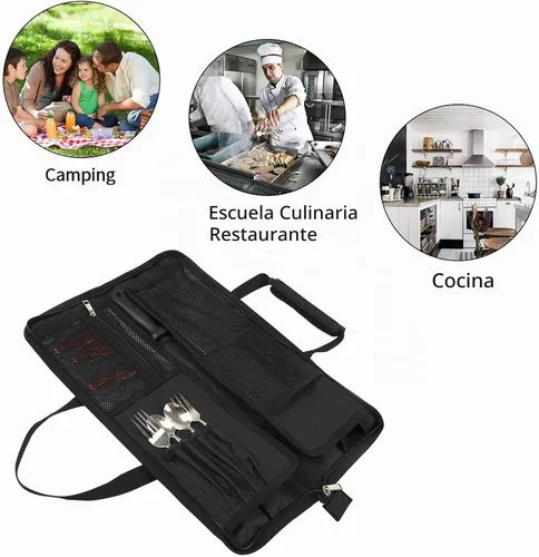 Vista 6 de Bolsa de rollo para cuchillos de chef, bolsa de cuchillo de chef Oxford resistente, estuche portátil para cuchillos de chef de 13 ranuras