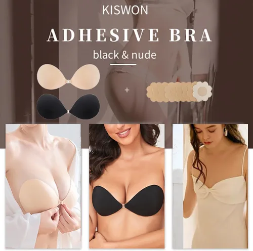 Vista 2 de KISWON Sujetador adhesivo con realce para pezones, invisible, sin espalda, sin tirantes, para mujer