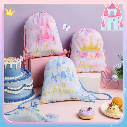 Vista 4 de Censen 24 piezas de bolsas con cordón, conjunto a granel, 12 x 10 pulgadas, bolsas de regalo con temática de princesa y príncipe, bolsas de regalo