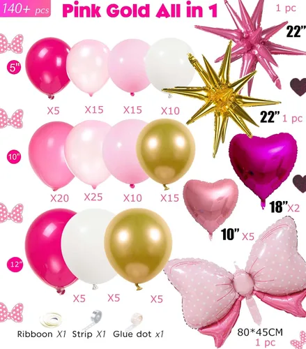 Vista 7 de Kit de arco de guirnalda de globos rosa y dorado, 140 piezas de globos de papel de aluminio de estrella con arco para temática de ratón de dibujos