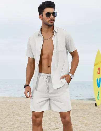 Vista 2 de COOFANDY Men 2 Piece Linen Set Casual Short Sleeve Shirt and Short Beach Set