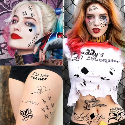 Vista 3 de TASROI 5 hojas de calcomanías de tatuaje HQ Joker para mujeres, hombres y adultos, tatuajes temporales de Halloween, kit de maquillaje de cara