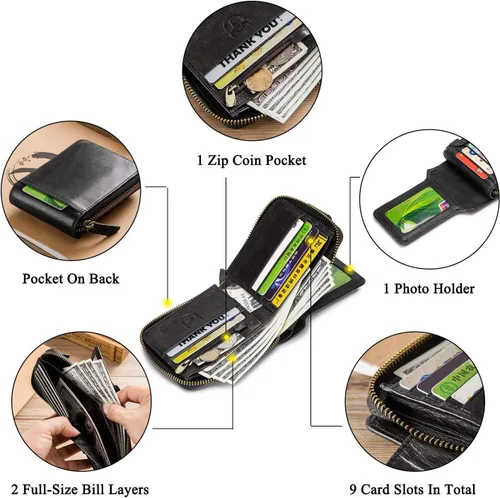 Vista 4 de BAIGIO Billetera de cuero genuino con cremallera alrededor de RFID bloqueo billetera plegable vintage multi tarjetero monedero, Negro -, Cartera Rfid