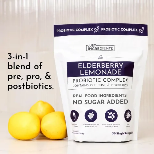 Vista 3 de Complejo probiótico 3 en 1 de limonada de saúco – Mezcla para beber de 30 sobres con prebióticos, probióticos y posbióticos – 5 mil millones de UFC