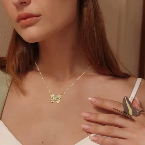 Vista 3 de Collar chapado en oro de 14 quilates con circonita cúbica para novia, collar de animales para mujeres y niñas (serpiente, tigre, oso, mariposa)