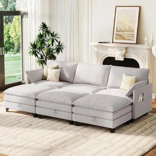 Vista 15 de Sofá modular moderno en forma de L de 106 pulgadas, sofá nube de felpilla con otomana de almacenamiento, sofás de asiento profundo con bolsillo Verde