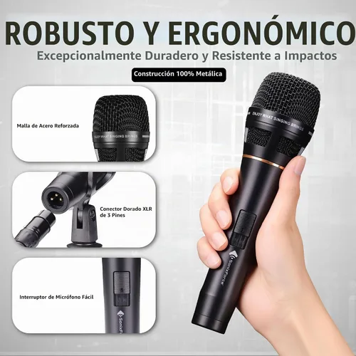 Vista 3 de Micrófono Dinámico - Micrófono Vocal Profesional para Cantar - Micrófono de Mano con Cable con Cable de Audio XLR de 16 ft a 1/4" - Micrófono