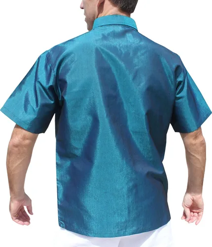 Vista 2 de RaanPahMuang camisa formal de seda de manga corta del norte de Tailandia costura