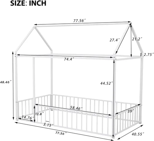Vista 2 de Lakifun Casa de juegos de cama de metal de tamaño individual con barandillas de techo y valla para niños y niñas, marco de toldo Montessori de suelo