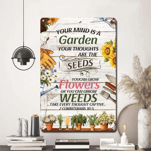 Vista 5 de Letrero de metal, letrero de hojalata vintage, arte de pared con texto en inglés "Garden Your Mind Love", arte de pared para jardín, jardín, regalo