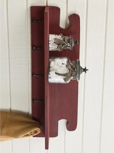 Vista 2 de Park Designs Acogedor estante de madera rojo con 5 ganchos para colgar, soporte de pared rústico para dormitorio, baño, sala de estar y entrada