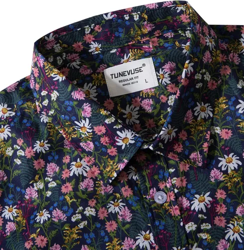 Vista 3 de TUNEVUSE - Camisas de vestir de manga larga para hombre, estampado de diseño floral, estilo casual, con botones, 100% algodón