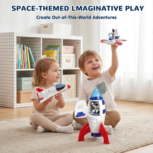 Vista 6 de AuntyFey Space Rocket and Shuttle Toy Set para niños con 2 figuras