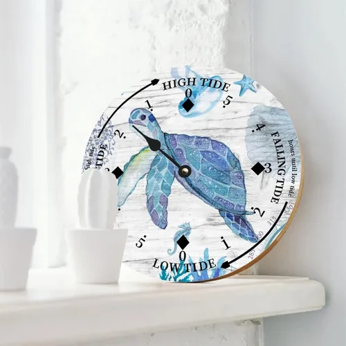 Vista 2 de Ocean Life - Reloj de madera con diseño de marea de la costa este de la costa este, hora del océano, reloj de madera náutico con luna, decoración