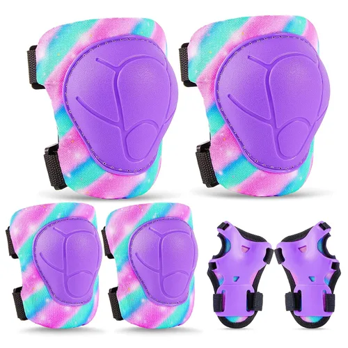 Vista 13 de FIODAY Rodilleras para niños, conjunto de equipo de protección ajustables para niños, rodilleras y coderas con protector de muñeca para niñas