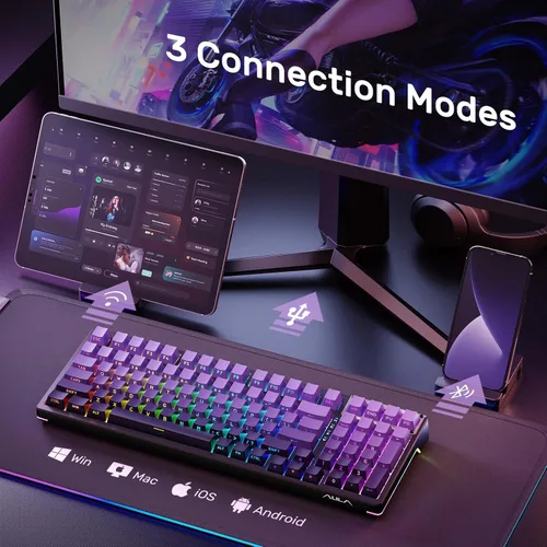 Vista 2 de AULA Teclado de 99 teclas, triple modo Bluetooth2.4GHzUSB-C teclado personalizado intercambiable en caliente, interruptores lineales prelubricados