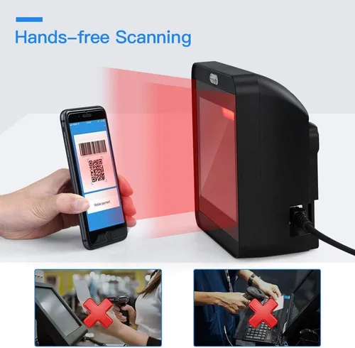 Vista 2 de Eyoyo Escáner de código de barras QR 2D manos libres, lector de código de barras automático 1D de escritorio omnidireccional Ventana de escaneo