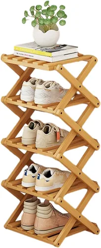 Vista 6 de YYW Zapatero de bambú para entrada, organizador vertical de almacenamiento de zapatos plegable y sin instalación, estantes para zapatos, estante