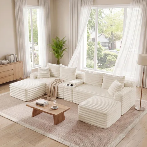 Vista 19 de Sofá seccional de nube en forma de U de 115 pulgadas, sofá modular comprimido sin hueso con diván otomano reversible, sofá simétrico de pana de Gris