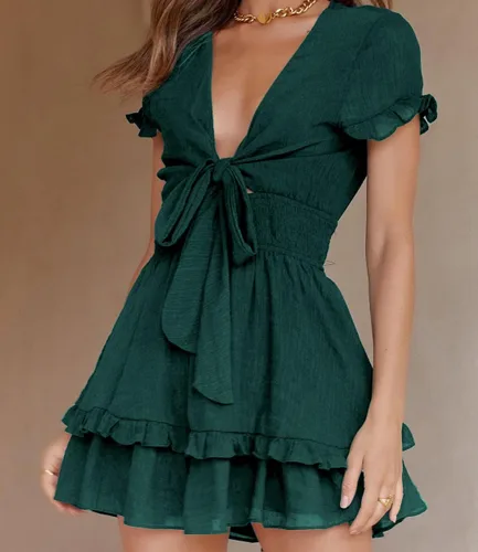 Vista 3 de PRETTYGARDEN - Mini vestido de verano con vuelo para mujer. Vestido corto acampanado con cuello en V y manga corta con volantes en la parte delantera