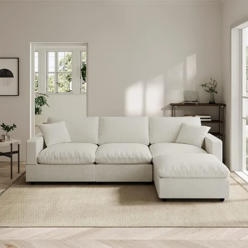 Vista 22 de Sofá seccional moderno de lino en forma de L para sala de estar, sofás modulares con relleno de plumón, fundas de cojín de sofá desmontables, sofá