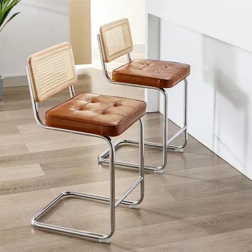 Vista 3 de ONEVOG Juego de 3 taburetes de bar de 26 pulgadas de altura de mostrador para cocina, modernas sillas tapizadas de ratán de mediados de siglo