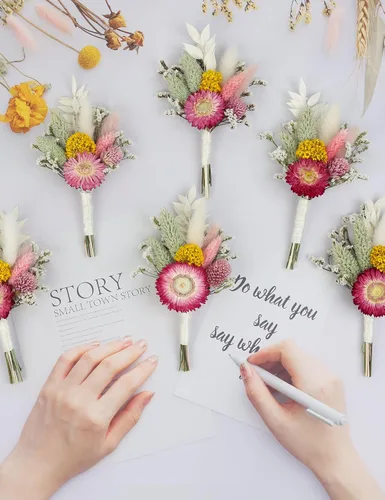 Vista 5 de Mini Ramillete de Flores Secas (Juego de 6) para Decoraciones Artesanales Hechas a Mano y Ojales para Padrinos y Novios. (Burdeos)