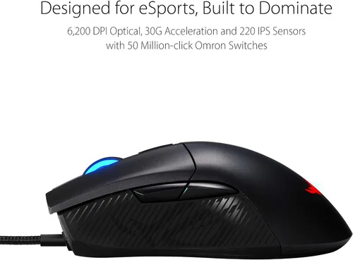 Vista 2 de ASUS Ratón óptico para juegos - ROG Gladius II Core Agarre ergonómico para mano derecha Mouse ligero para juegos de PC Sensor óptico de 6200 DPI
