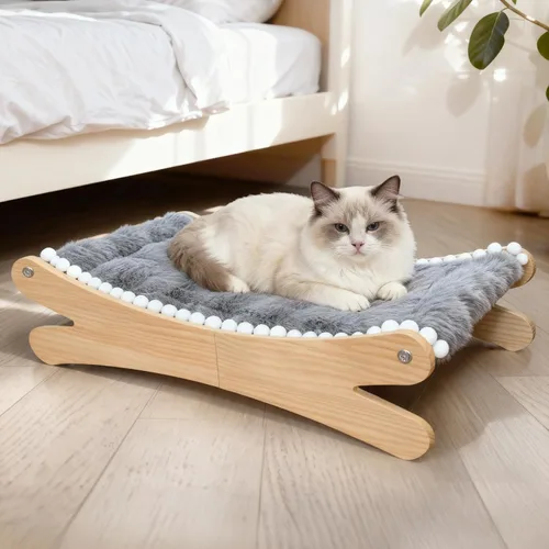 Vista 2 de Cama elevada de felpa para gatos, acogedora hamaca elevada para gatos con marco de madera maciza, cojín suave y peludo para gatos