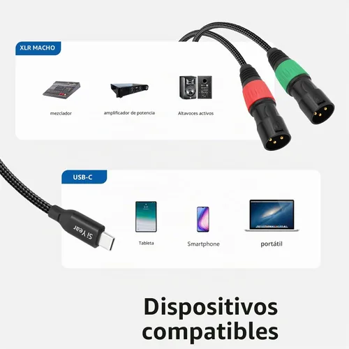 Vista 5 de USB C a doble XLR macho cable de audio, adaptador tipo C a 2 XLR macho cable de amplificador de potencia estéreo para conectar smartphones USB C a