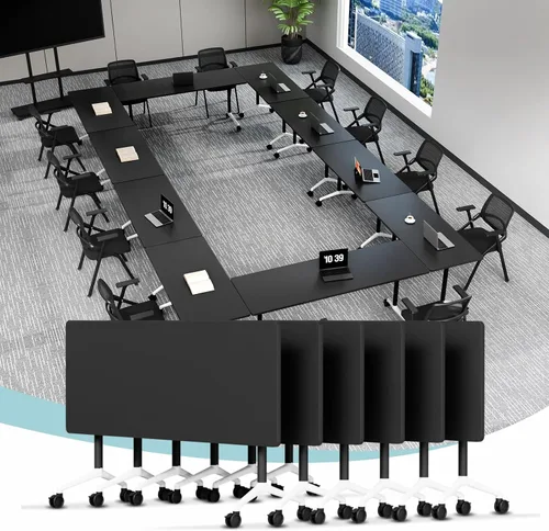 Vista 10 de Mesa de conferencias plegable, mesa modular moderna para sala de conferencias con ruedas para 8-16 personas, mesas de entrenamiento plegables