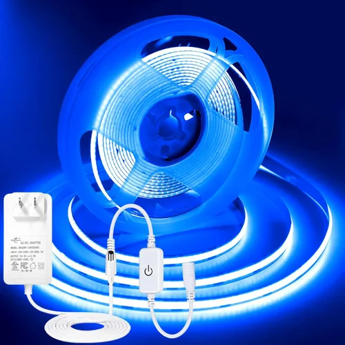 Vista 24 de Tira de Luz LED COB Azul, 16.5 pies / 5M 8mm / 0.3 Pulgadas 12V, Tira de Luz LED 1600 Brillante Azul con Adaptador de Corriente, Tira de Luz LED COB