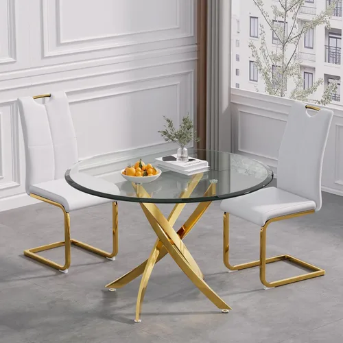 Vista 27 de Juego de mesa de comedor de cristal de lujo de 36 pulgadas para 2, mesa de comedor redonda moderna de 3 piezas con 2 sillas de comedor de cuero