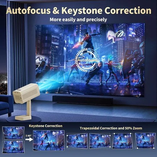 Vista 7 de Mini Proyector [Aplicaciones Integradas & Actualizado 2026] Compatible con 4K 1080P Enfoque Automático & Corrección Keystone 90° Rotatable, Beige