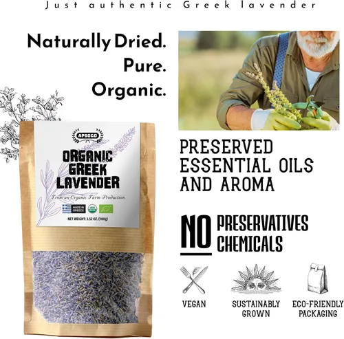 Vista 3 de Apsogo Lavanda griega orgánica - Lavanda culinaria seca para té, 1.76 onzas Lavandula angustifolia de origen único, cosechada a mano