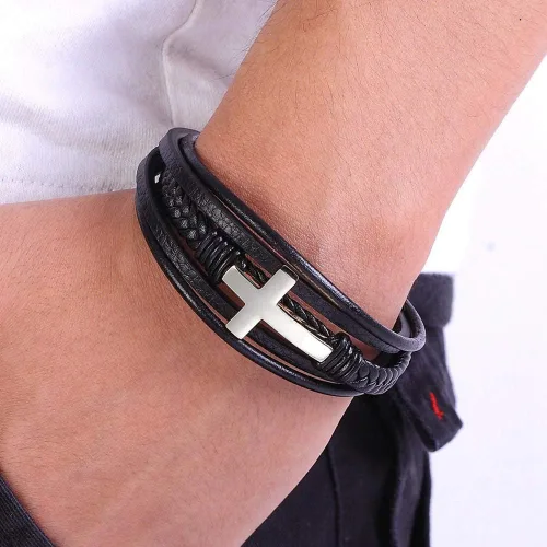 Vista 2 de Pulsera de cuero para hombre, accesorios emo, pulseras para parejas, pulseras de cruz de amistad, regalo de joyería hippie para hombres pulseras