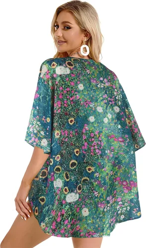 Vista 6 de Cárdigan tipo kimono para mujer, de manga abombada con estampado floral, casual