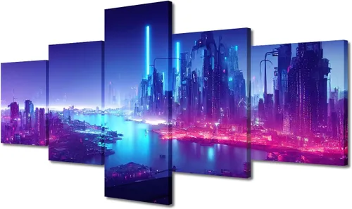 Vista 361 de Cuadros de 5 paneles de Cyberpunk City, arte de pared, representación de vallas publicitarias, edificios modernos en la capital con obras de arte