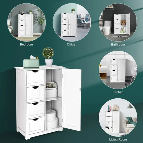 Vista 7 de Bonnlo Armario de almacenamiento pequeño de madera para baño, muebles de espacio pequeño, organizador de almacenamiento lateral blanco con 4 cajones