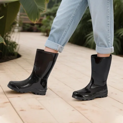 Vista 2 de Asgard Botas de lluvia a media pantorrilla para mujer, botas de goma impermeables estampadas, zapatos cortos de jardín Negro