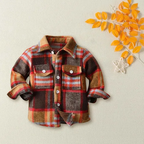 Vista 2 de TBUIALL Camisa de franela a cuadros para bebés, niños y niñas, chaqueta de manga larga con botones, abrigo de sherpa para otoño