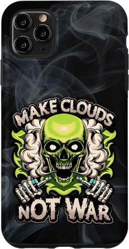 Vista 11 de iPhone 15 Make Clouds Not War Vaping Green Skull Vape Mod Caso