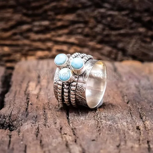 Vista 4 de Natural Larimar Spinner Ring – 925 Sterling Silver Handmade Gemstone Ring, Unique Statement Jewelry, Fidget Anxiety Ring, Protection & Worry Ring