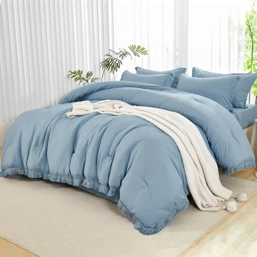 Vista 19 de Andency Juego de ropa de cama con edredón tamaño matrimonial beige con sábanas - 7 piezas, estilo bohemio con borlas, ropa de cama ligera en una 01
