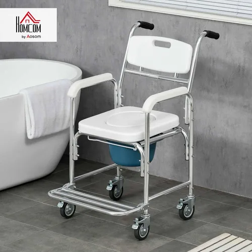 Vista 2 de HOMCOM Silla de ruedas 3 en 1 para ducha, apta para FSA/HSA, silla de inodoro impermeable enrollable con asiento acolchado, capacidad