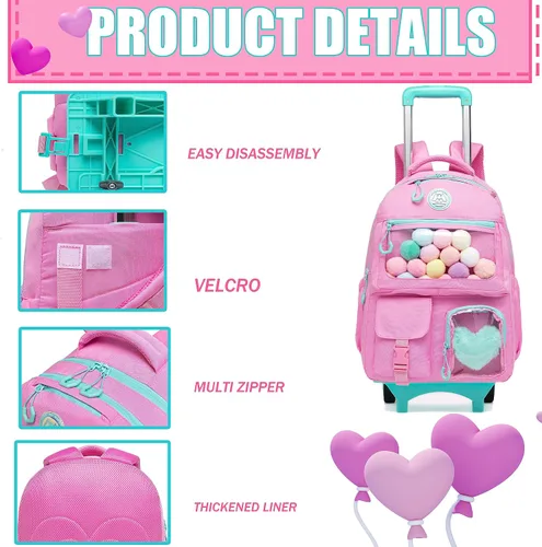 Vista 4 de Mochila con ruedas para niñas, mochila con ruedas, mochilas para primaria con lonchera y equipaje, Rosado, Estética