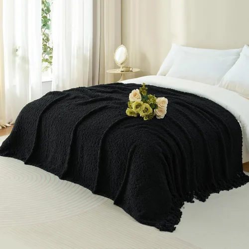 Vista 2 de Manta para sofá, lujosa de punto negra de 50"x60", con textura y borlas confeccionada a mano, para cama, sofá, decoración rústica y boho