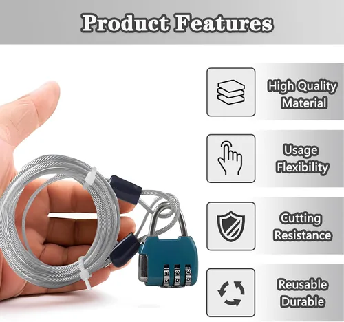 Vista 4 de Cuerda de cable con doble bucle, bloqueo de cable de seguridad, cable de seguridad recubierto de vinilo de acero, bloqueo de equipaje de 3.3 pies x