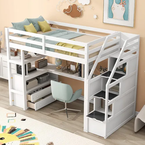 Vista 16 de RUNNA Cama tipo loft moderna de madera con armario y escritorio Cama loft espresso+Gabinete +Escritorio
