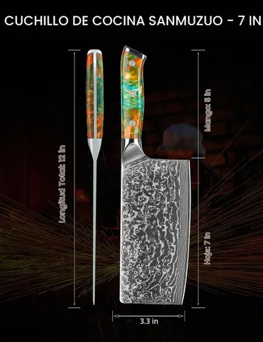 Vista 4 de Cuchillo chino de chef – Cuchillo de carnicero de 7 pulgadas – Serie Xuan – Cuchillo de cocina de acero Damasco VG10 – Mango de resina